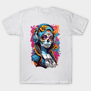 Girl with a skill mask paint and headphones T-Shirt